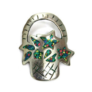 Vintage Mexican Inlay Brooch Hecho En Mexico Taxco Style Silver Pin MCM